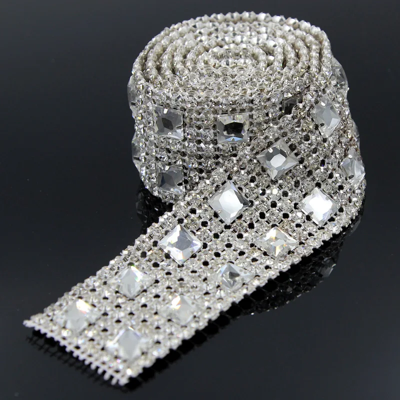 1 Yard 8 Rows Net Yarn Rhinestone Trim Clear Crystal Appliques Hox Fix Sewing Dress, Sash