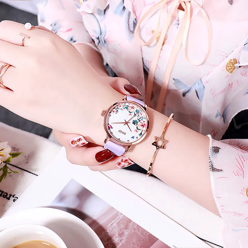Для женщин кожаный ремешок часы водонепроницаемые женские наручные часы кварцевые золото розовый цветок для часов женские relogio feminino montre femme