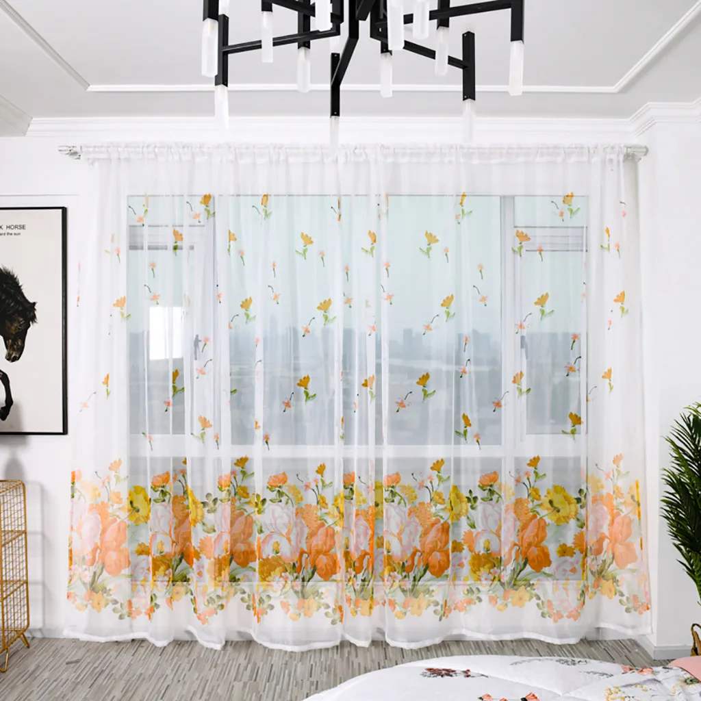 2pcs Peony Flower Print Curtain Tulle Window Treatment Drape Valance Simple Curtain Wear Rod Model 100x200cm L703