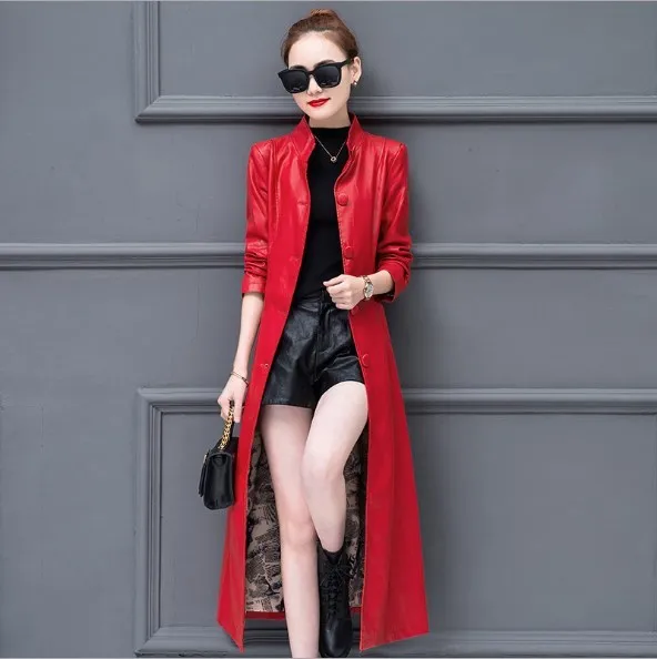 Женское s до середины икры из искусственной кожи длинное пальто для женщин воротник-стойка из искусственной кожи тонкий Тренч черный красный серый куртка с поясом - Цвет: Красный