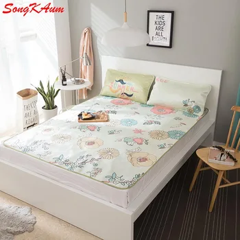 

Nordic Style Summer Ice Silk Bedsheet Flower 3Pcs Cartoon High Quality Tencel Mat Straw Mat Bed Mattress Protector Cover