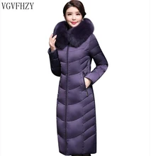 Женский зимний пуховик, зимнее пальто для женщин, с капюшоном, натуральный Лисий мех, воротник, белый утиный пух, длинное пальто, парка размера плюс, 5XL, 6XL