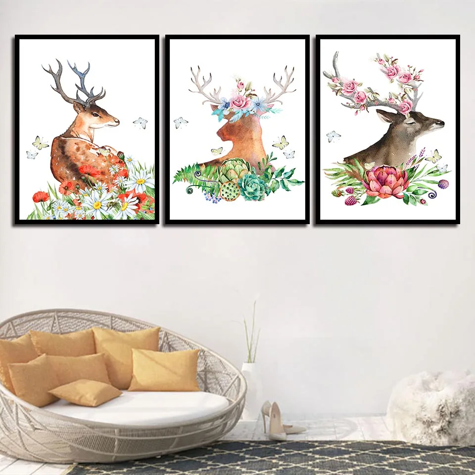 Nordic-Flower-Deer-Poster-Watercolor-Art-Print-Floral-Elk-Wall-Pictures-Canvas-Lotus-Butterfly-Painting-Nursery