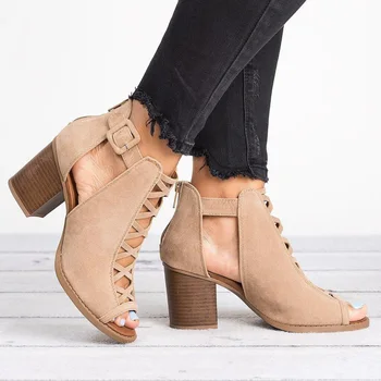 

Summer Women Peep Toe Sandals Ankle Buckle Female Retro Cross Tied Zip Cover Heels Square Heel Fashion Ladies Comfort Footwear