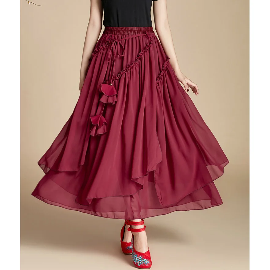 

2019 Spring and Summer Bohemian Plus Size 5XL 6XL Irregular Skirts Black Chiffon National Style womens Retro Maxi Skirt designs