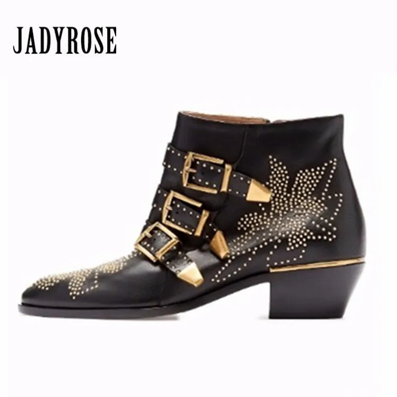 Jady Rose Rivets Studded Women Ankle Boots Buckles Short Booties Genuine Leather Martin Boots Chunky Heel Shoes Woman Botas цена Jady Rose Rivets Studded Women Ankle Boots Buckles Short Booties Genuine Leather Martin Boots Chunky Heel Shoes Woman Botas цены онлайн