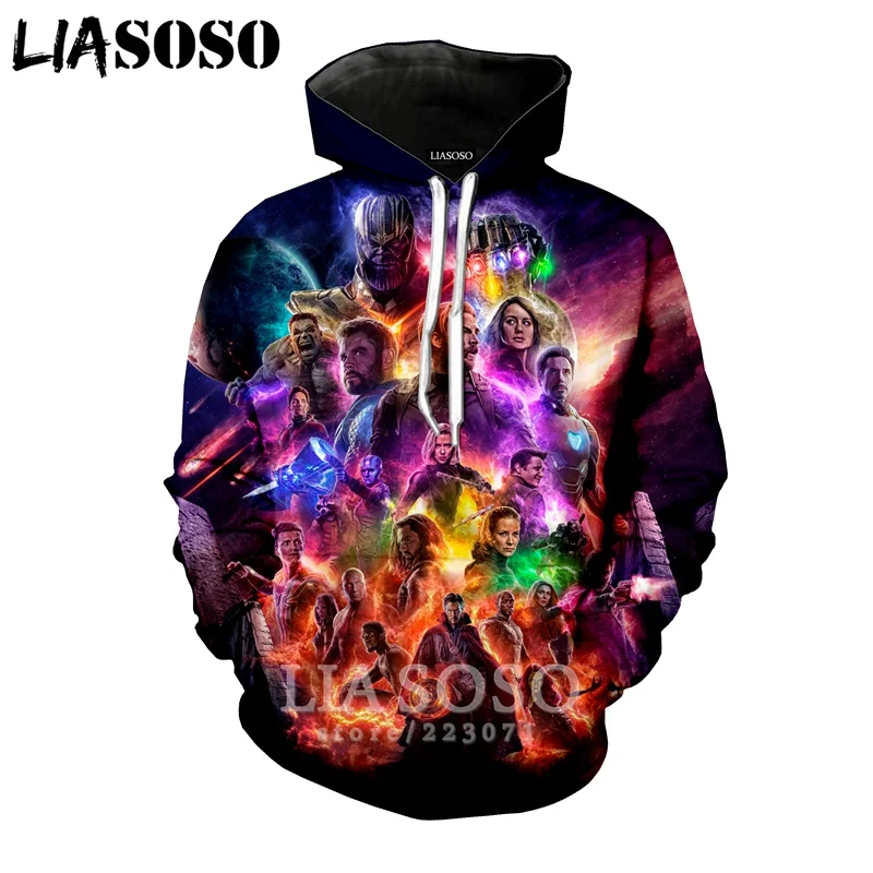 LIASOSO 2019 Winter New Men Women Sweatshirt 3D Print Latest Movie Avengers Endgame Hoodie Long Sleeve Casual Pullover B008-04