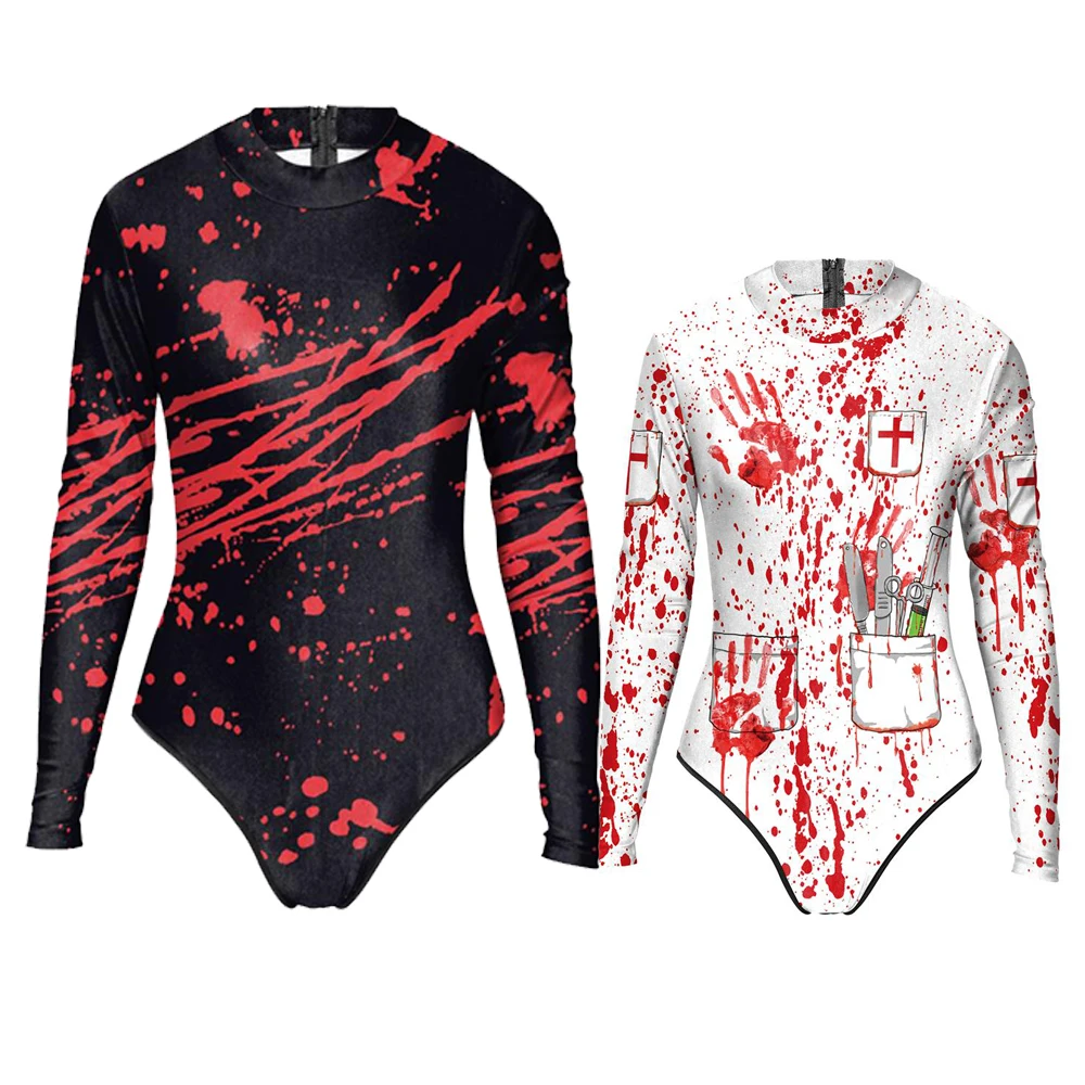 

2019 New Summer Long Sleeve Halloween Blood Doctor Nurse Swimwear Bodysuit 3D Prints One Piece Women Swimsuit Sport Bathing Suit