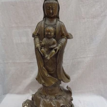 S1348 2" Бронзовый Буддизм Кван юн Гуаньинь Будды Малыш Ребенок На Лотоса Статуя