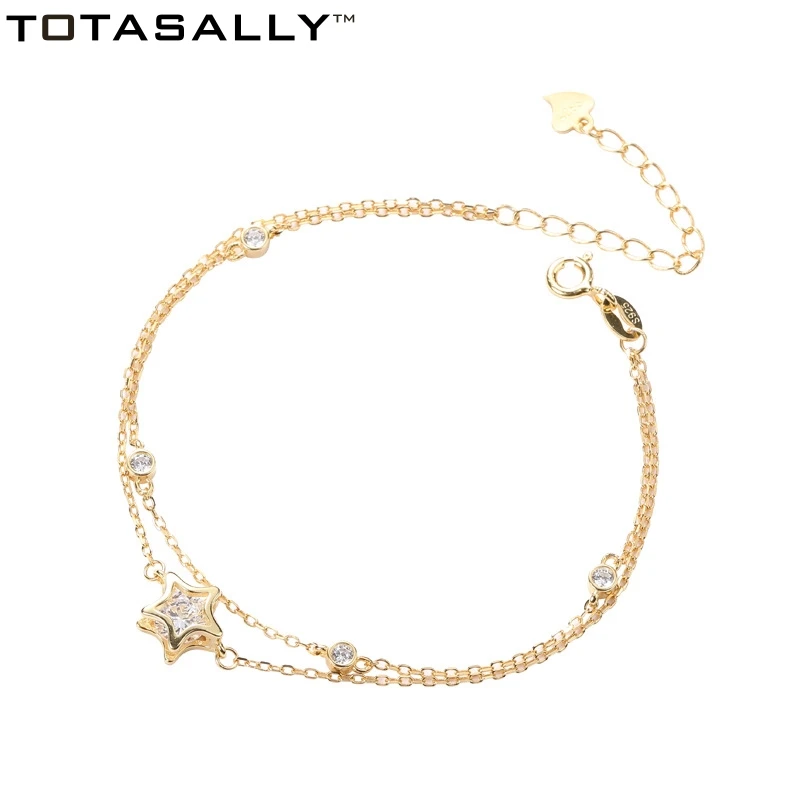 

TOTASALLY 100% Real S925 Silver trendy bracelet golden link chain zircon stone star charm pendant bracelet For Women