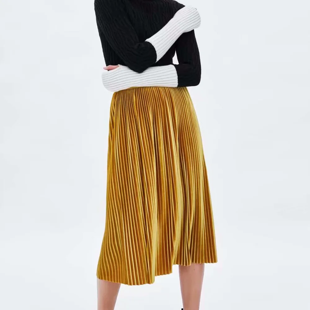 

New Arrival Women Fashion Ankle-length Long Pleated Skirts Lady Spring Winter Autumn Vintage Hight Waist velvet Skirt Yellow Hot