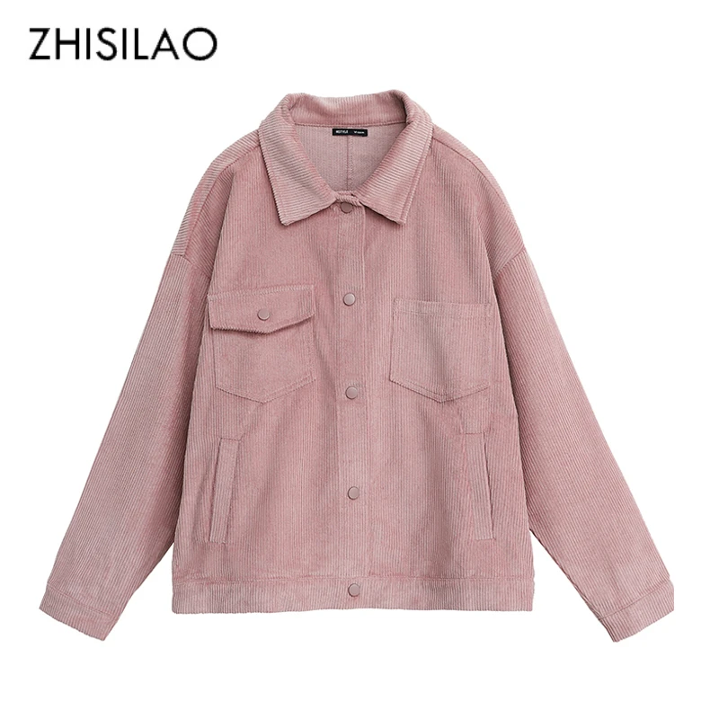 

ZHISILAO Solid Corduroy Jacket Women Autumn Winter Pink Coat Long Sleeve Casual Green Jacket Blue Chic Casaco Feminino Korean