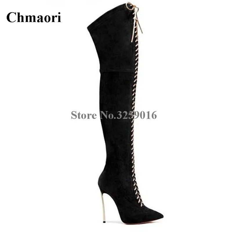 

Women Fashion Brand Design Pointed Toe Black Suede Leather Over Knee Gladiator Boots Lace-up Stiletto Metal Heel Long Boots