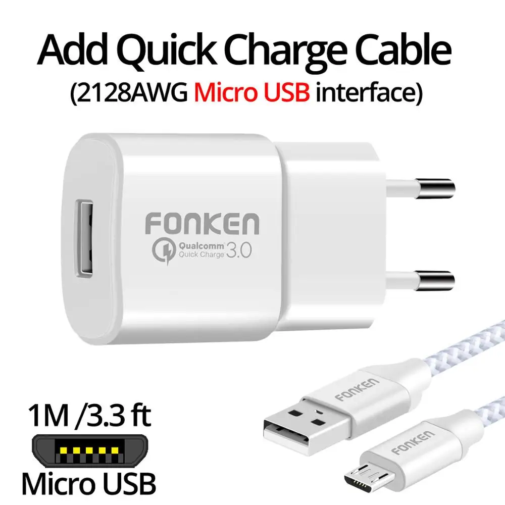 Fonken USB Зарядное устройство Quick Charge 3.0 fast Зарядное устройство qc3.0 qc2.0 18 Вт стены USB адаптер для Запасные Аккумуляторы для телефонов Портативный мобильного телефона зарядное устройство - Тип штекера: White With Micro USB