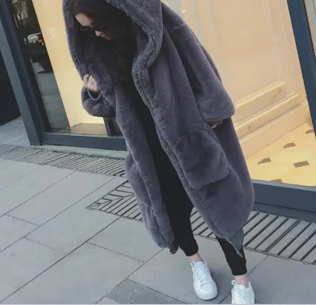 Goede Oversized Winter Warm hooded Grote maat Lange Effen kleur Faux Bontjas 2018 Nieuwe Casual Lange mouw Vrouwen Bont Jas uitloper