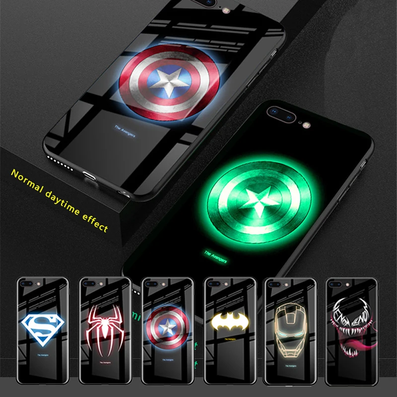 Роскошный светящийся чехол с Бэтменом Marvel Comics для iPhone 11 Pro MAX XS MAX XR 8 7 6s Plus, чехол с закаленным стеклом для телефона s Captain Shield