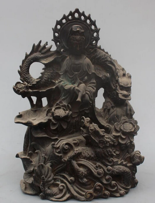 

shitou 002270 10" Chinese Bronze Lotus Kwan-yin Guanyin Hold Vase Ride Dragon Buddha Statue