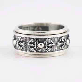

925 Sterling Silver Retro Tibetan Buddhism Vajra Dorje Men Spinning Ring A3510