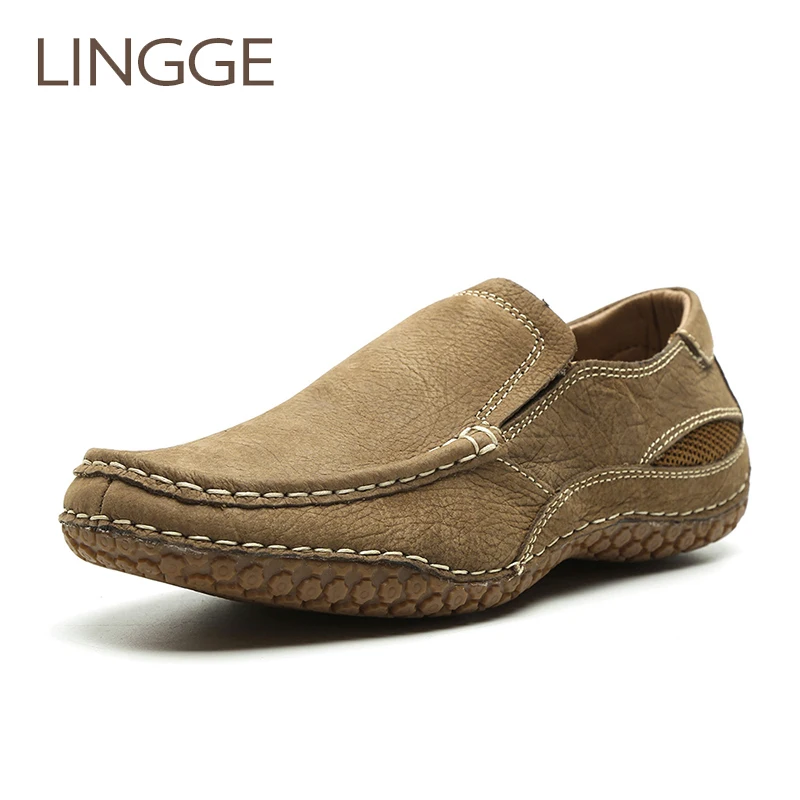 

LINGGE Brand Men Casual Shoes Handmade Genuine Leather Shoes High Quality Slip-On Men Shoe Rubber Non-Slip Shoe