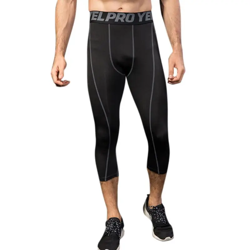 

Mens Training Compression Pants Cool-Dry Letters Wide Mid waisted Tights Stripes Printed 3/4 Running Leggings Athletic Baselayer