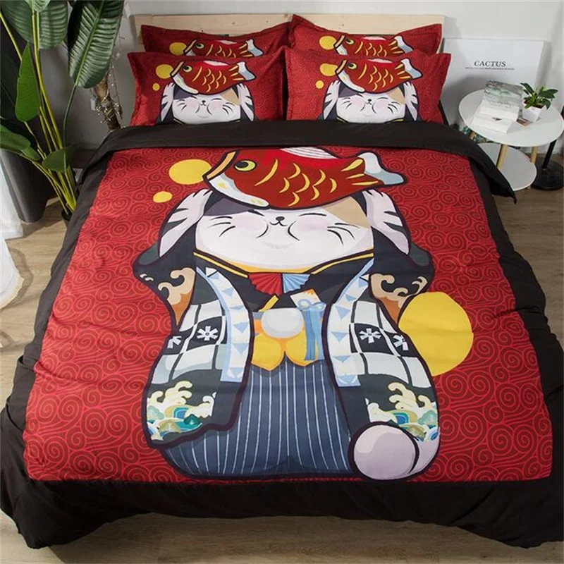 

Japanese Maneki Neko New Year Decor Bedding Twin Full Queen King Single Double Size Duvet Cover Sets Cute Lucky Fortune Cat