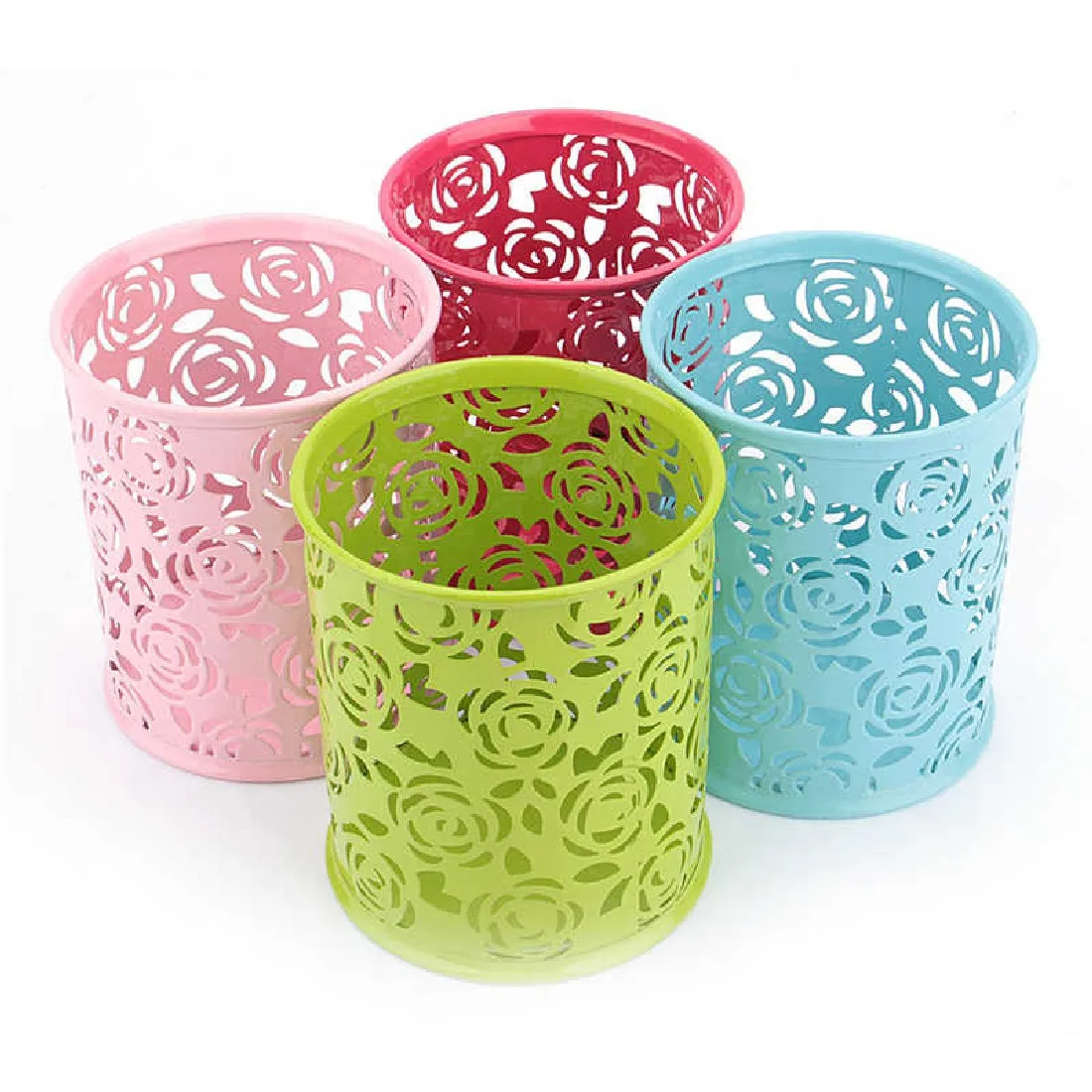  Fashion Cosmetics Makeup Organizer Box Hollow Rose Flower Storage Box Metal Pen Pencil Cup Holder D
