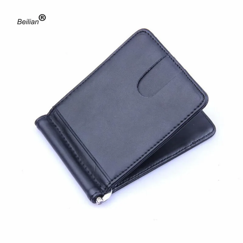 Top Quality Wallet Men Money Clip Mini Wallets Male Vintage Crazy Horse Genuine Leather Purse Leather Card Holers with Clamp - Цвет: black