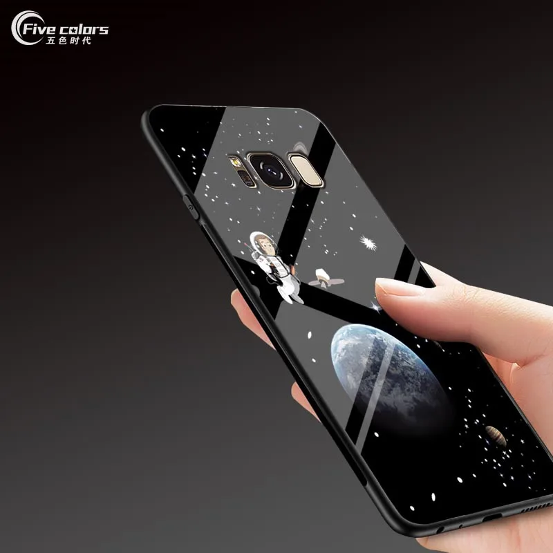 Marble Star Space Tempered Glass Phone Cases For Samsung Galaxy A5 2018 / A8 A7 Soft Bumper Protective Cover Coque |