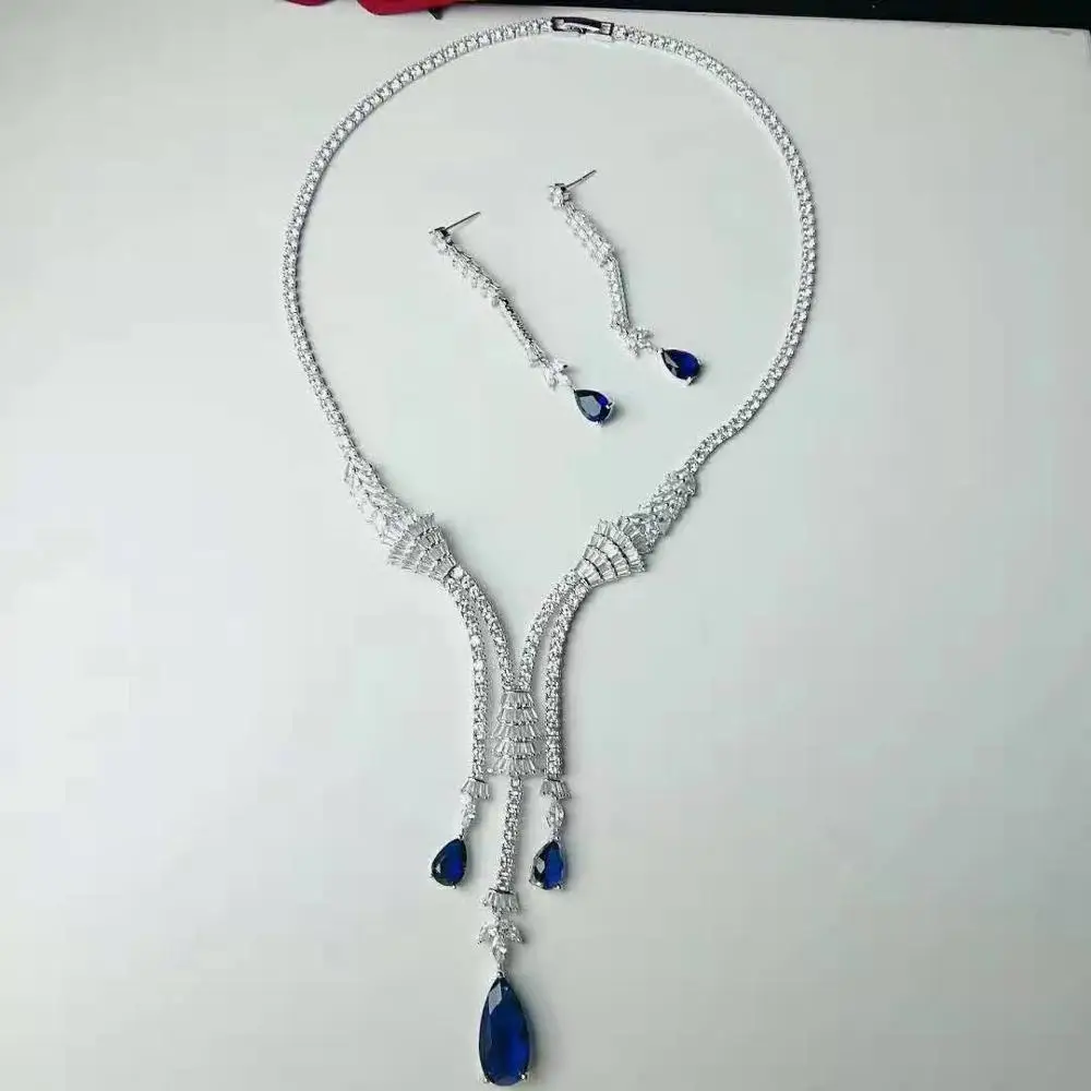 HIBRIDE сверкающими Bijoux(украшения своими руками) ювелирные комплекты dubai полный кубического циркония Цепочки и ожерелья комплект Для женщин свадебный для свадебной вечеринки в комплекте костюма N-1046 - Окраска металла: blue