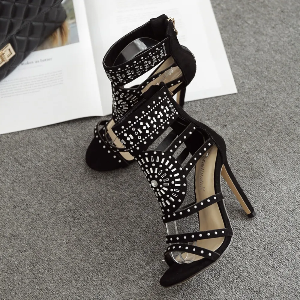 Women sandals Zipper High Heels Wedding Lady Shoes Flock Crystal Women Pumps Thin Heels Chaussure Femme Talon gladiator sandals Women's Shoes