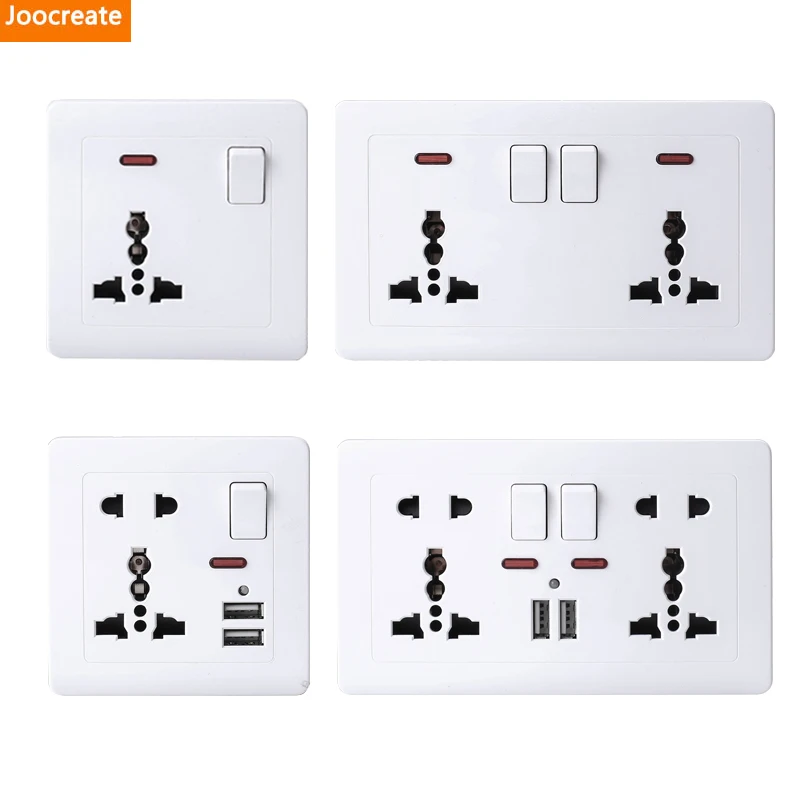 

Universal Wall Socket With LED Light Switch White PC Panel 13A 250V Universal Standard Power home Socket Outlet 2.1A Dual USB