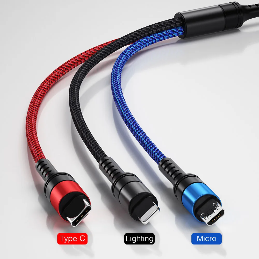 ROCK 3 в 1 USB кабель 3A для Мобильный телефон Micro Type C зарядный iPhone XR XS Max X Huawei быстрой