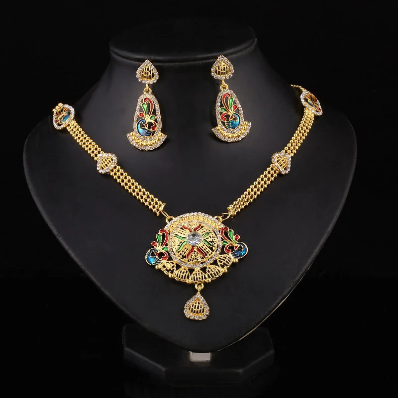 

Women Indian Nigerian Wedding Jewelry Sets Colorful Enamel African Beads Flowers Pendant Necklace Earrings Set 24K Gold Filled