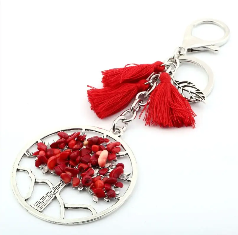 

2017 New Fashion Chakra Tree Of Life Pendant Tassel Keychains Crystal Natural Stone Key Chain Women Valentine Christmas Gift
