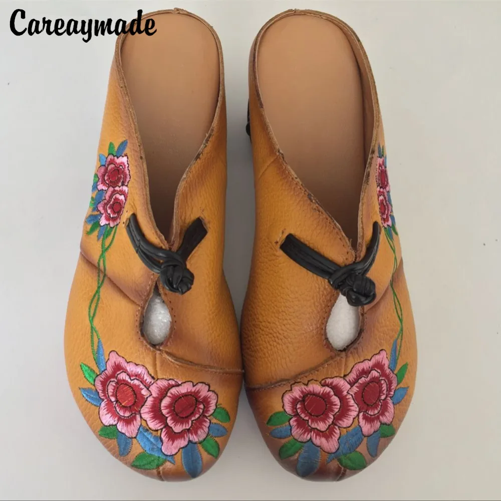 

Hot selling,New 2017 Spring/Summer,Women ethnic style genuine leather slippers,Thick middle heel embroidery slippers,3 colors