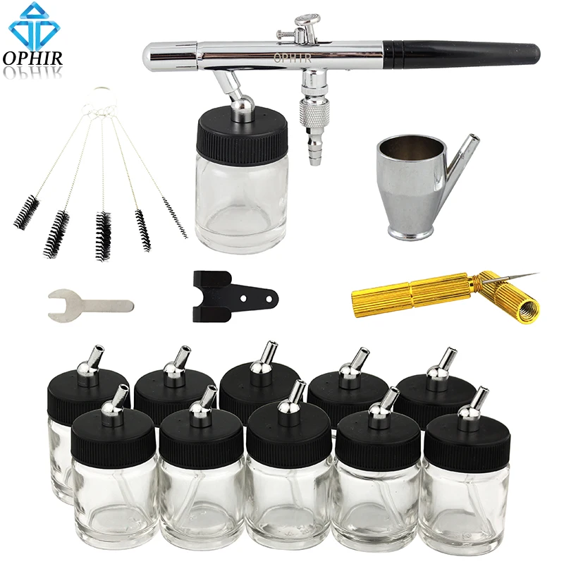 

OPHIR 0.35mm Dual Action Airbrush Set w/ 10 Bottbles & Cleaning Tool Kit Air Brush Paint Gun for Model Hobby Body Art_AC072+