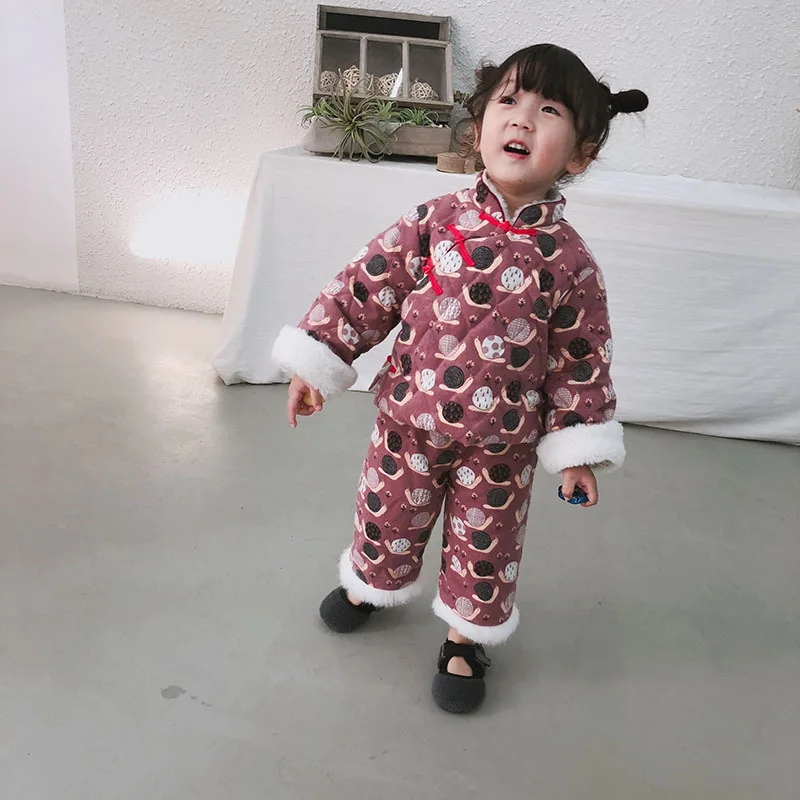 Детский костюм для девочек в китайском стиле плотный ретро костюм с принтом теплый детский весенний праздничный костюм традиционная одежда