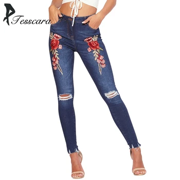 

Women Skinny Slim Pencil Jeans Female Hole Embroidery Rose Fashion Pants Lady Causal Trousers Girl Outwear Hot Sell Bottom