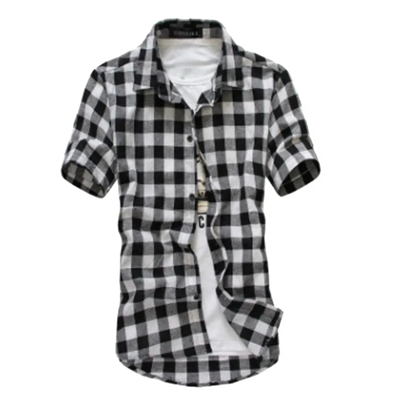 NIBESSER повседневная мужская клетчатая рубашка Летняя модная деловая приталенная рубашка с коротким рукавом Мужская блузка Chemise Homme плюс размер 3XL - Цвет: Черный