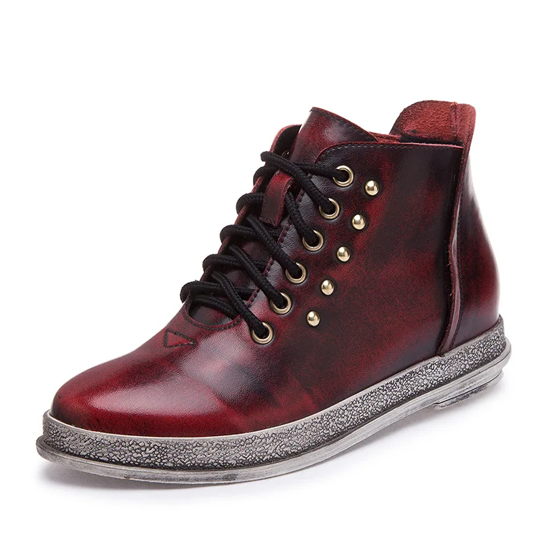 2016 New Genuine Leather Women Boots Flat Womens High-top rivet Retro Autumn Winter Women Ankle boots Woman