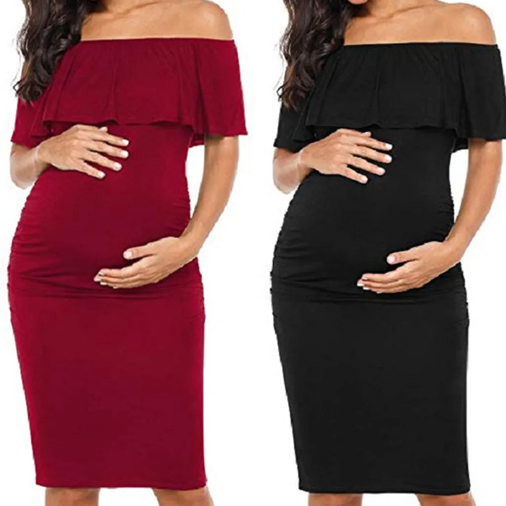 

Women's Ruffle Off Shoulder 3/4 Sleeve Maternity Dress Ruched Sides Knee Length maternity gown vestido premama