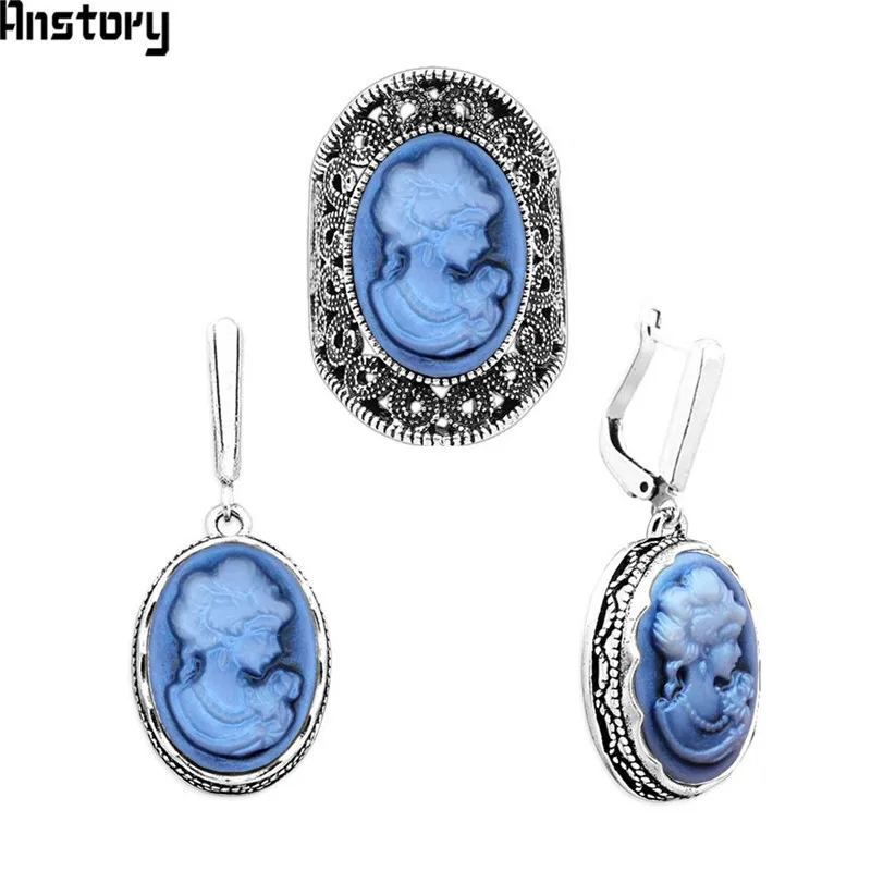 Lady Queen Cameo Jewelry Sets Vintage Necklace Earrings Ring For Women Flower Pendant Fashion Party Fashion Jewelry - Окраска металла: Earrings ring set