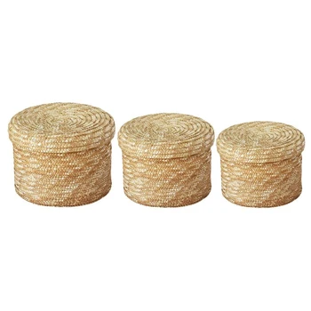 

3 Pcs/Set Handmade Straw Woven Storage Basket With Lid Snack Organizer Storage Box Laundry Baskets Rattan Storage Flower Basket