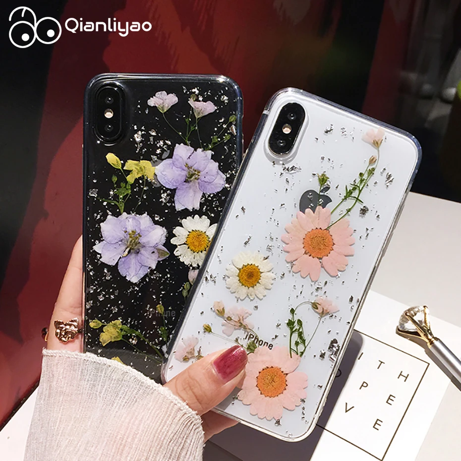 Dried Flower Silver foil Clear Phone Cases For iPhone 13 12 11 Pro Max XS Max XR X 6S 7 8 Plus SE Soft Silicone Cover Cute Uk Luxury Boho