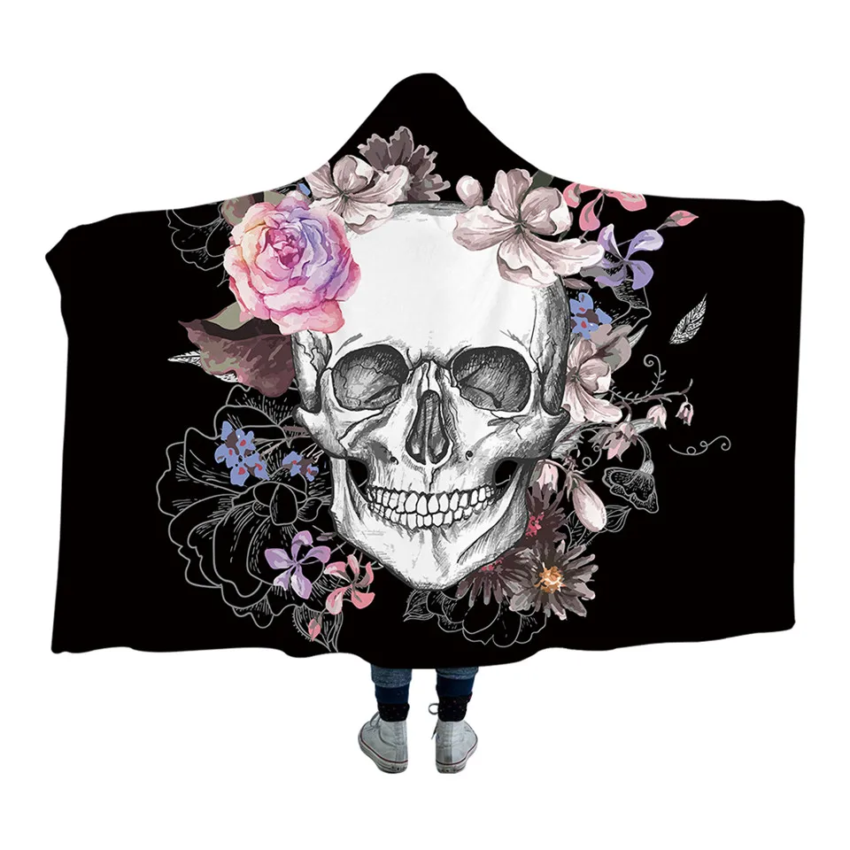 Постельные принадлежности Outlet сахарный череп цветок с капюшоном одеяло для взрослых цветочное готическое Шерпа флис носимое пледы одеяло микрофибра черный