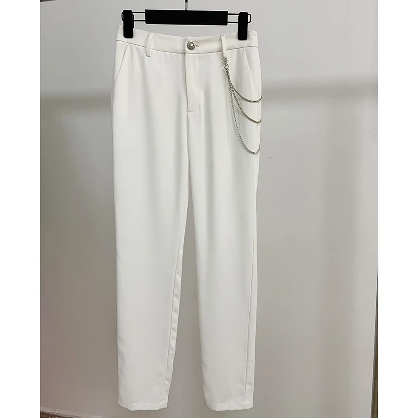 Высокое качество, новинка, дизайнерские брюки, женские белые брюки с металлической цепочкой