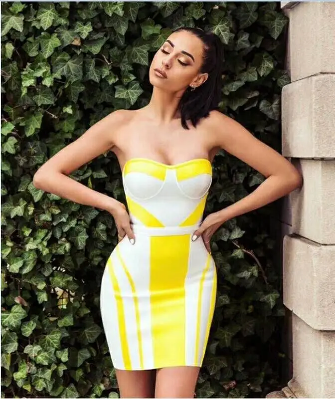 

KLEEZY New Arrival Yellow&White Striped Off Shoulder Strapless Sleeveless Above Knee Mini Sheath Party Dress DHH3109