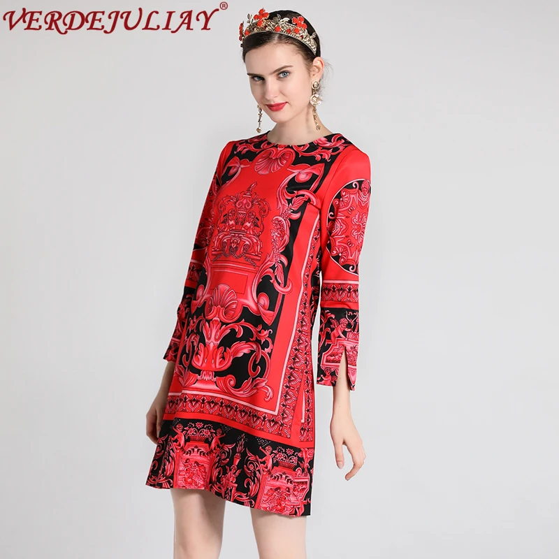 

Street Mini Dresses Autumn 2018 Wrist Sleeve Fashion Women Luxury Flowers Print O-Neck New Red / Yellow Sweet European Dress