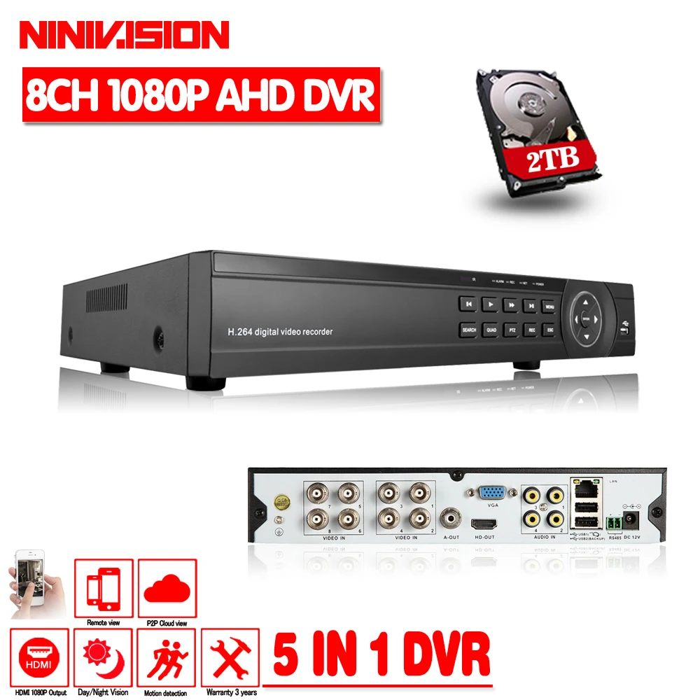 NINIVISION XVR 8CH канальный видеорекордер наблюдения 1080 P Гибридный NVR AHD TVI CVI Hi3521A 8CH DVR 5-в-1 XMeye P2P DVR