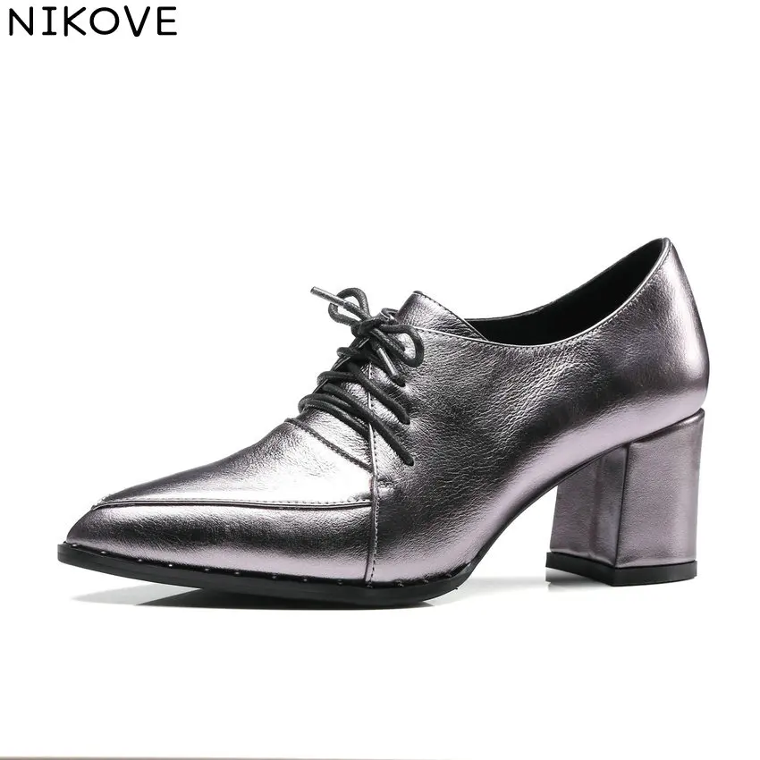 

NIKOVE 2018 Women Pumps Shoes Lace Up High Quality Sewing Western Style Square Heels Pointed Toe Elegant Women Shoes Size 34-39